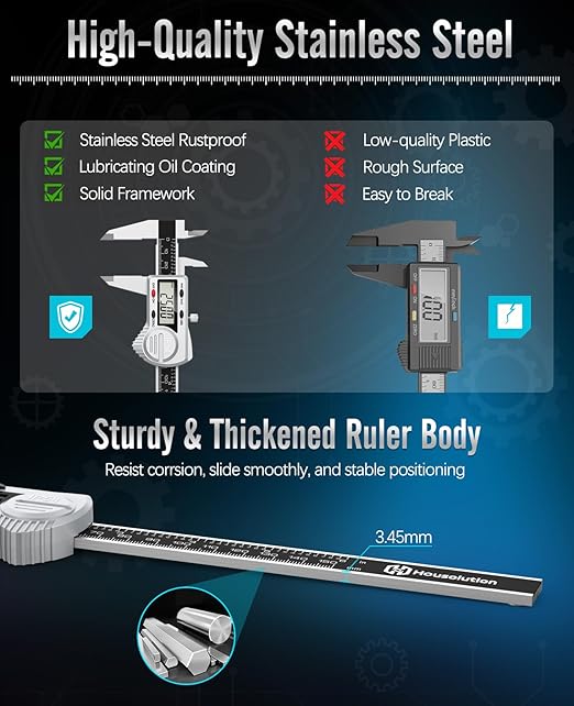 Digital Caliper 6 inch,(ABS) Absolute Scale Caliper,IP54 Caliper Measuring Tool, Inch/MM, Auto-Off LCD Stainless Steel Waterproof Micrometer Vernier Caliper, with Steel Ruler, Silver