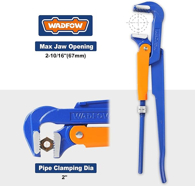 Swedish Pattern Type A pipe Wrench: Size 2" with 67 mm Max Jaw Opening, 15 inch x 90 Degree Angle Corner Pipework, Red Lacquered Finish