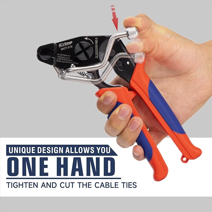 iCrimp Zip Tie Gun, One-Handed Stainless Steel Cable Tie Tool for Tension & Cutting Zip Ties, Metal Zip Tie Tool with 100pcs 11.8" Metal Cable Ties and Release Tool, WCT-319
