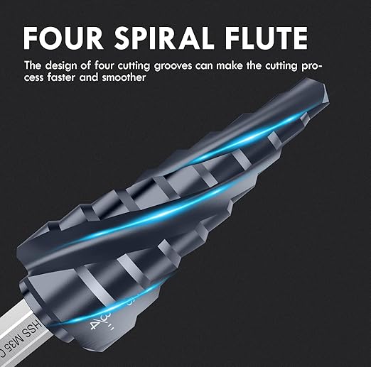 𝗠𝗔𝗖𝗫𝗖𝗢𝗜𝗣 𝗙𝗼𝘂𝗿 𝗦𝗽𝗿𝗶𝗮𝗹 𝗙𝗹𝘂𝘁𝗲 M35 Cobalt Step Drill Bit, 1/4"-3/4" Ultra 𝗧𝗶𝗔𝗜𝗡 Coated, 1/4" Hex Shank Drill Bit for Metal, Stainless Steel, Aluminum, Copper, Wood, PVC