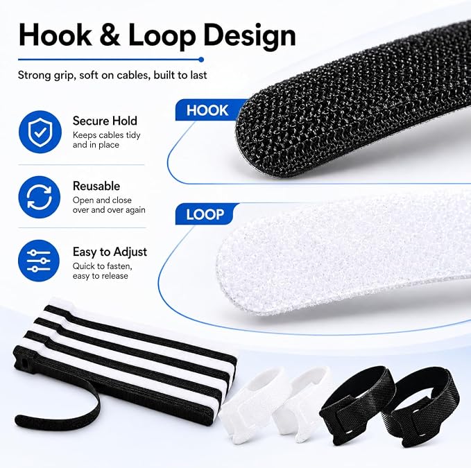 80pcs 8 Inch Cable Ties Reusable Black and White Hook and Loop Cord Ties - Image 4