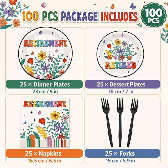 100 Pcs Flower Retirement Party Plates and Napkins Set Happy Retired Birthday - Image 2