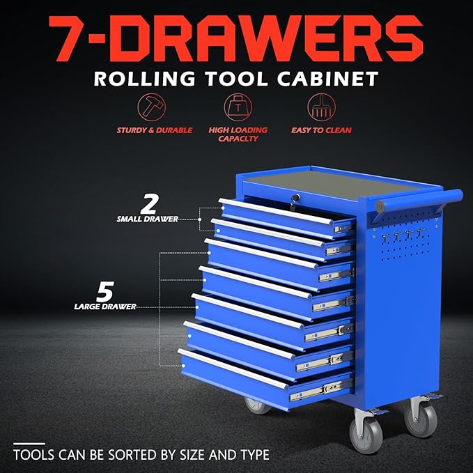 7-Drawer Rolling Tool Chest,Metal Rolling Tool Chest with Wheels and Locking Tool Box,Portable Metal Tool Box for Warehouse,Garage, Repair Shop, Workshop (Blue, 7-Drawer)