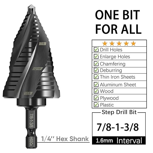 M35 Cobalt Step Drill Bit Four Spiral Flute, 3/16"-1-3/8" (19 Step Sizes) - Ideal for Metal, Stainless Steel, Wood, Plastic - 1/4" Hex Shank