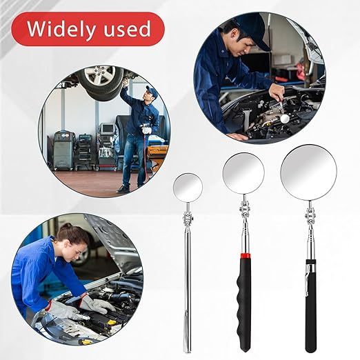 3 Pack Stainless Steel Mechanic Mirror Telescoping Inspection Mirror Extendable Mirror Round Mirror Inspection Tool for Check Observe Vehicle Small Part Eyelashes Mouth