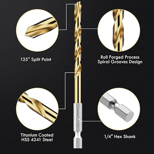 Hex Shank Drill Bit Set, 30Pcs HSS Titanium Twist Drill Bit for Sheet Metal, Wood, Plastic, Quick Change Design (1/16" - 1/2")