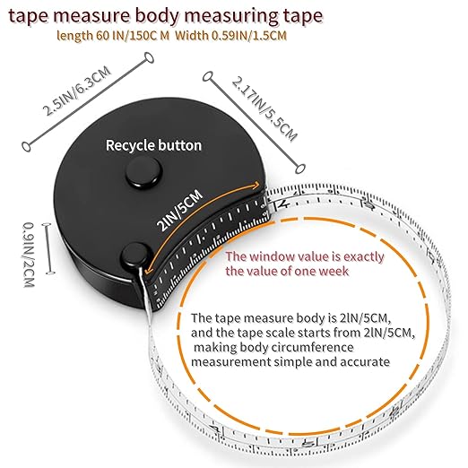 Dual Scale Tape Measure for Cloth Tailoring and Body Measurement 60 Inch/150cm Retractable Soft Tape with Lock Button and Window Reading Weight Loss Fitness Medical Nursing Craft Cloth Tools