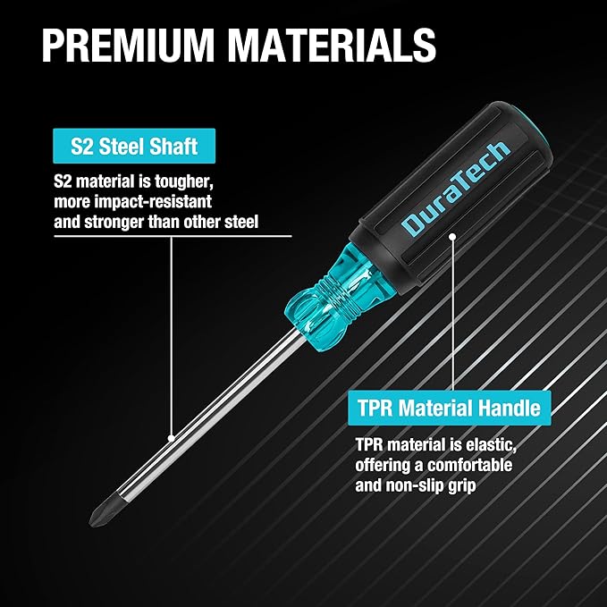 DURATECH 2-Piece S2 Steel Screwdriver Set, Professional Screwdrivers with Non-Slip Cushion Grip & Marked Specifications, Phillips and Flathead Screw Driver, Hand Tool for Home and Industrial Use