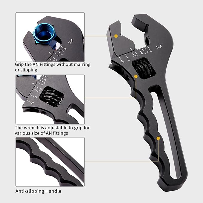 An Hose Fittings Adjustable Wrench Lightweight aluminum 3AN-16AN Adjustable Wrench An Fittings Wrench Tool For AN Hose Fitting Adapters End. (Black, Large)
