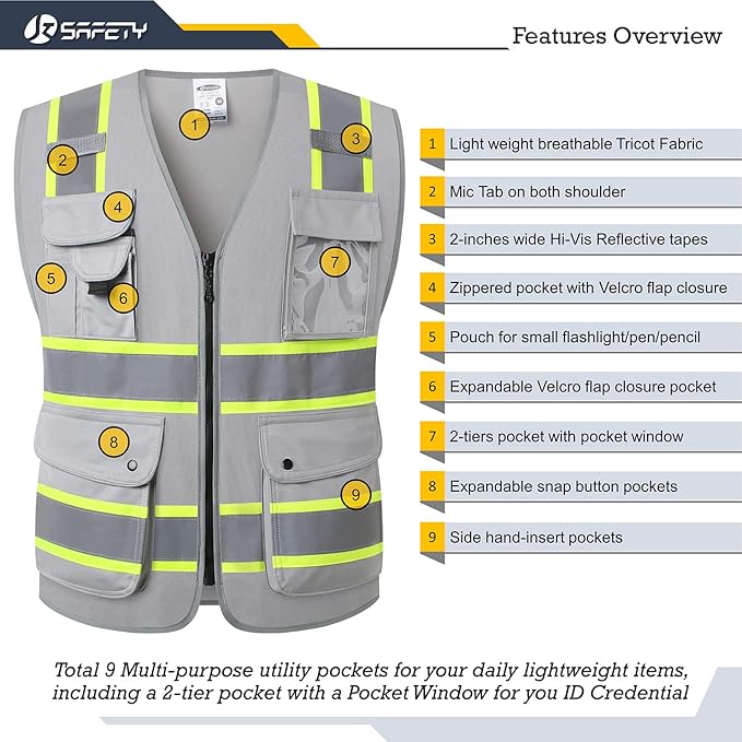 JKSafety 9 Pockets Hi-Vis Fluorescent Color Zipper Front Safety Vest with Neon Color Extended Yellow Trims for Men and Women Work Safety Utility (901-Grey 4XL)