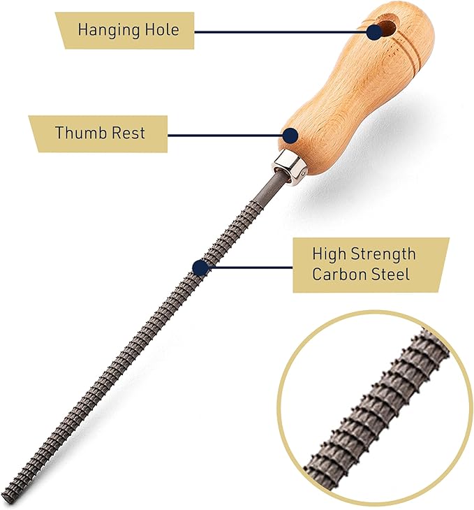 8” Round File Tool - High Quality Steel Round Metal File Woodworking Rasp with 4” Beech Wood Handle - Durable and Long-Lasting Wood Rasps for Woodworking to Shape Curved Surfaces by Kings County Tools