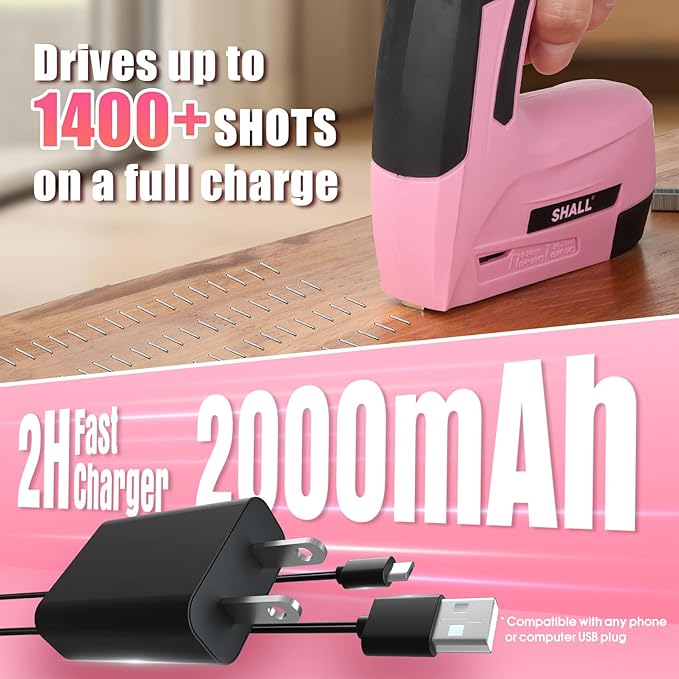 SHALL Pink Electric Staple Gun, 2 in 1 Cordless Upholstery Stapler Nail Gun for Wood, 4V Rechargeable Brad Nailer Kit w/ 2500 Staples Nails, Staple Remover & Fast Charger for Crafts, DIY, Decoration