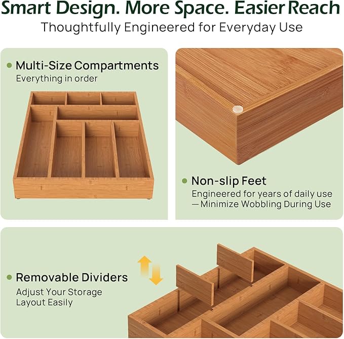 Carbonized Bamboo Kitchen Drawer Organizer, 8 Slots Silverware Organizer, Utensil Holder & Cutlery Tray, 2.2" Deep for Extra Capacity, Non-Slip Feet Included