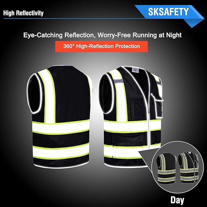 SKSAFETY 10 Pockets Safety Vest, Class 2 High Visibility Security with Zipper, Hi Vis Vest with Reflective Strips, ANSI/ISEA Standard, Construction Work Vest for Men ＆ Women （Black, L）