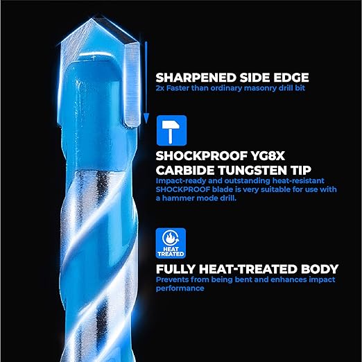 toolant 3/16" Concrete Drill Bit Set & Masonry Drill Bit Set, Shockproof Hex Shank Hammer Drill Bit Set for Glass/Brick/Plastic/Cement/Tile, Industrial Strength Carbide Drill Bit Tip 1/4" Box of 10