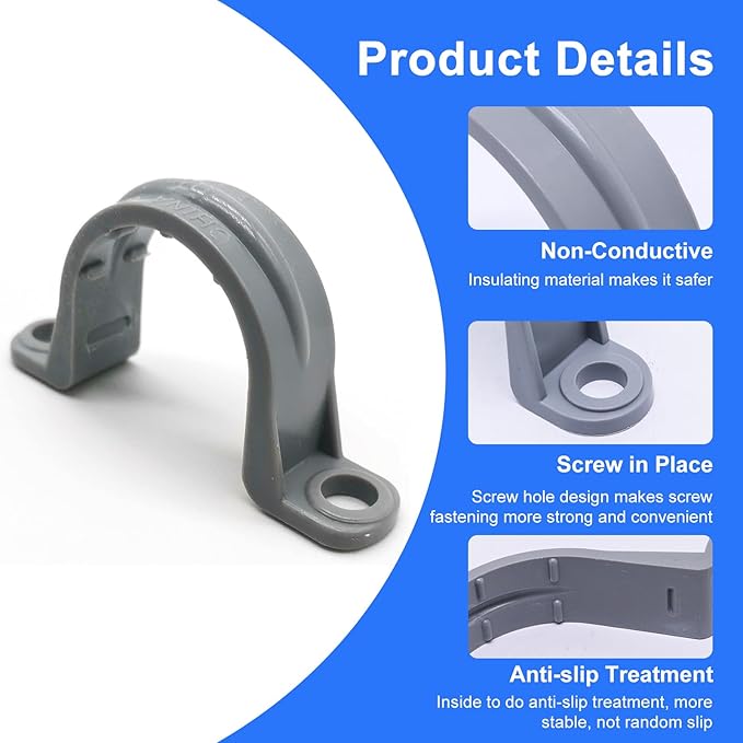 1/2 Inch PVC Pipe Strap, 2-Holes Conduit Pipe Clamps Plastic Pipe Supports (Grey,20 Pcs)
