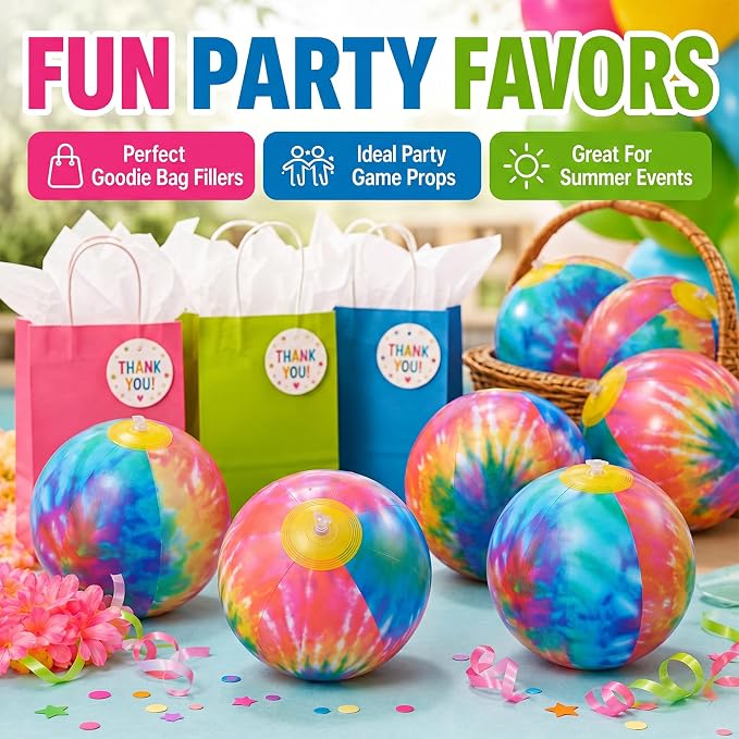 Realspring 12 Pack 8 Inch Tie Dye Beach Balls Bulk Rainbow Themed Pool Toys - Image 4