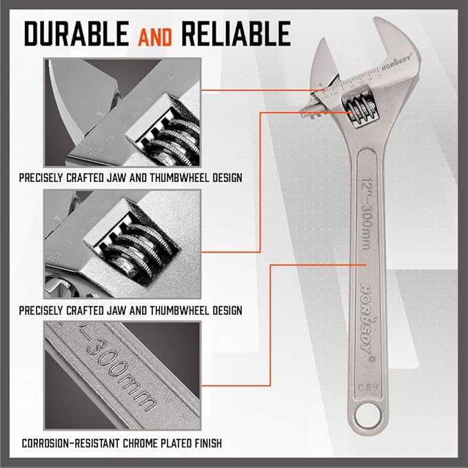 HORUSDY 4-Piece Adjustable Wrench Set, CR-V Steel, Adjustable Wrenches Set(6-inch, 8-inch, 10-inch, 12-inch)