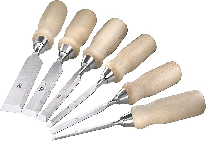 6 Piece Bevel Edge Wood Chisel Set 1/4 inch(6mm), 3/8 inch(10mm), 1/2 inch(12mm), 5/8 inch(16mm), 3/4 inch(20mm), 1 Inch(26mm) with Hornbeam Handles and Stainless Steel Ferrules