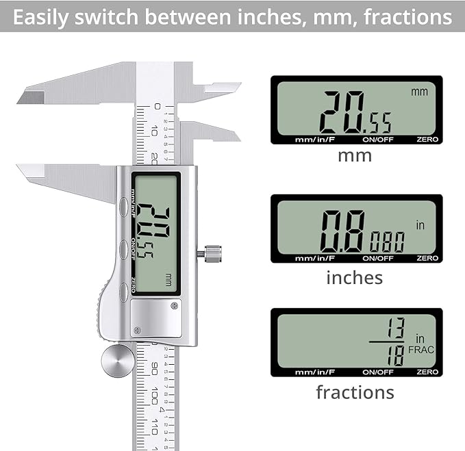 Proster Digital Vernier Caliper 8inch 200mm - Stainless Steel Electronic Caliper Fractions/Inch/Metric Caliper Measuring Tool for Length Width Depth Inner Diameter Outer Diameter