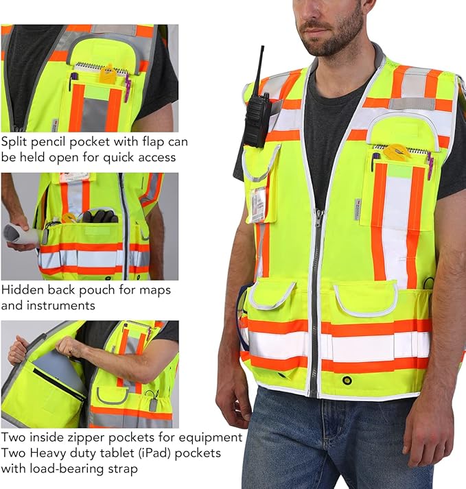 Dib Safety Reflective Vest Heavy Duty, High Visibility Two Tone Engineer Vest, Made with 3M Tape, Padded Collar, Retractable ID Pocket, Yellow S