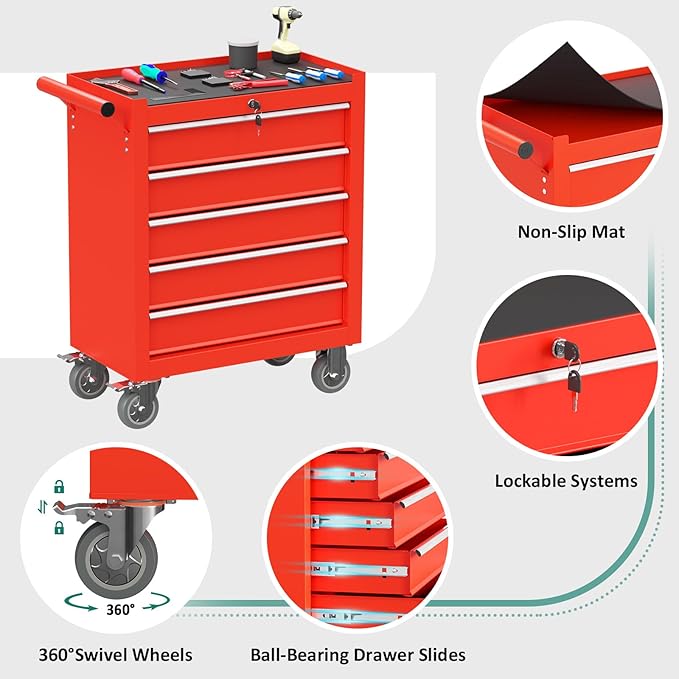 5-Drawer Rolling Tool Chest Toolbox, Rolling Tool Box with Wheels, Tool Chest with Keyed Locking System and Drawer Liners, Tool Box Organizer for Garage, Warehouse, Workshop(Red)