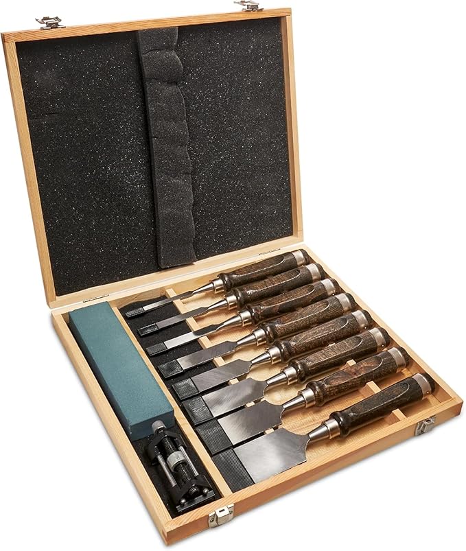 10 Pieces Wood Chisels Set with Honing Guide & Sharpening Stone for Woodworking Wood Carving Tools Kit with Wooden Box for Beginners and Professionals(Black Walnut)