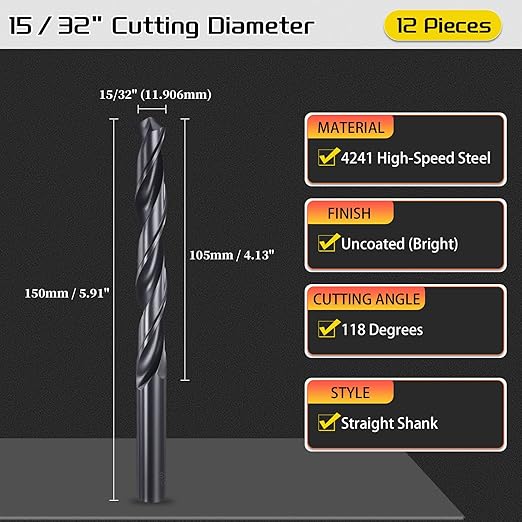Drill Bit, 15/32" Cutting Diameter, 4241 HSS Nitriding Black 118° Cutting Angle Versatile Jobber Bits - (Applications: for Drilling Plastic Wood Soft Metal), 12-Pieces