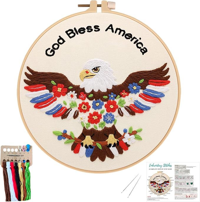 Nuberlic Embroidery Kits for Beginner Adults, God Bless America Eagle Cross by Nuberlic