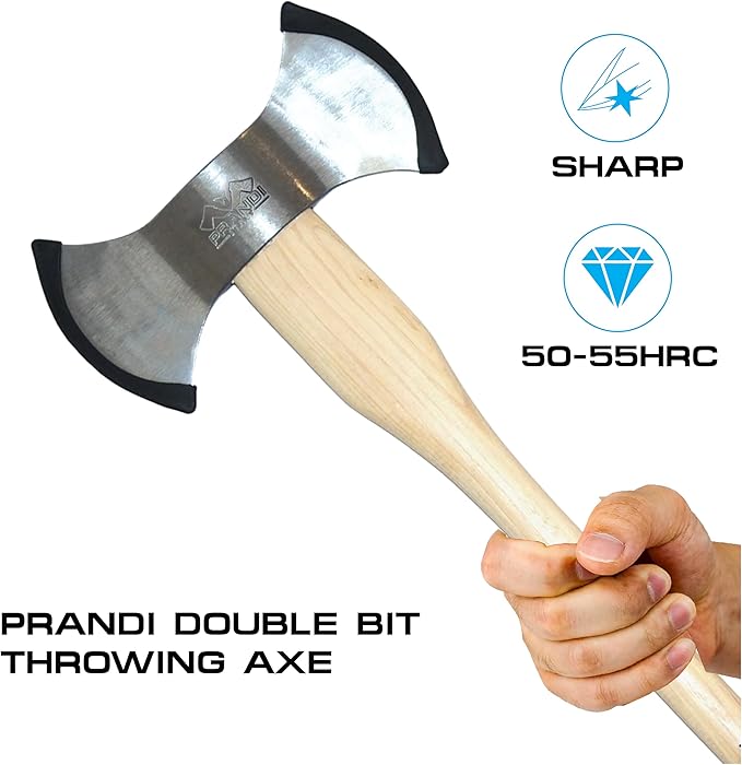 Prandi Axes C45 Forged Carbon Steel Throwing Axe - Hickory Handle - Double Bit Axe for Competitions and Recreation - S/N 3T.054.12.CH - 24" L x 10.67" W, 1200g Polished Head, No Sheath