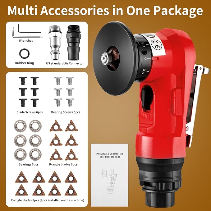 2 in 1 Pneumatic Chamfering Tool- Mini Air Chamfer Tool with Multi-Angle Chamfering Kit,45 Arc Corner Deburring Beveling Chamfer Machine for Metal, Acrylic,Woodworking (Red)