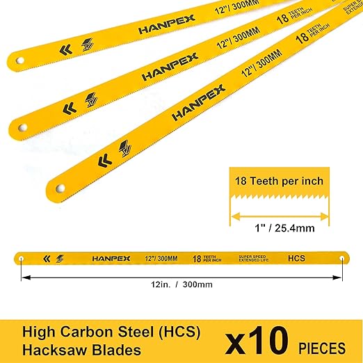 Hacksaw Replacement Blades Set (10 Pack) High Speed 12" Length Hack Saw Blade - High Carbon Steel (HCS) Cutting Blades