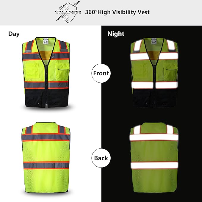 SKSAFETY 10 Pockets Professional Safety Vest, Class 2 High Visibility, ANSI/ISEA Standard, Construction Work Vest (Lime Black, 4XL)