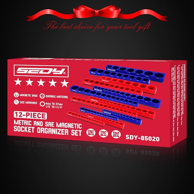 12-Piece 1/4" 3/8" 1/2"-Drive SAE & Metric Magnetic Socket Organizer Set (Holds 143 Sockets) -Detachable Tool Tray with 5mm Magnetic Base for Garage/Home(Sockets Not Included)