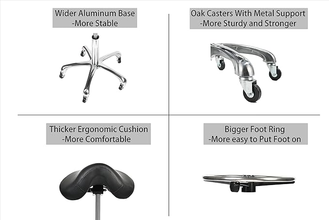 Saddle Tilting Stool Rolling Chair with Thicker Seat Swivel Ergonomic Height Adjustable Footrest Wheels for Beauty Spa Salon Dental Medical Clinic Kitchen Home Office Shop Bar Black