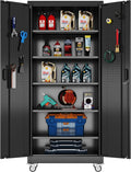 71" Metal Storage Cabinet with Wheels and Pegboard, Lockable Rolling Steel Storage Cabinet with 5 Adjustable Shelves and Door for Garage, Office, Kitchen, Assembly Required,Black
