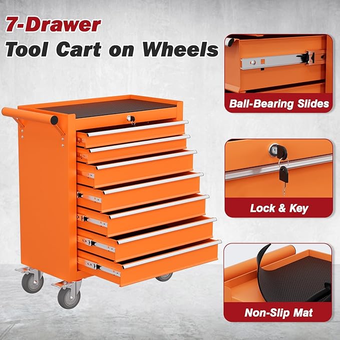 Rolling Tool Chest with Drawers, 7 Drawers Tool Chests & Cabinets, Metal Toolbox with Wheels, Lockable Storage Cabinet, Garage Tool Box with Drawers (Orange, 7 Drawers)