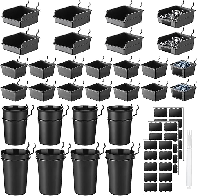 64 Pieces Pegboard Bins Pegboard Cups with Hooks and Loops Peg Hooks Assortment Organizer Accessory for Organizing Accessories Tools Storage Office Workshop Garage Workbench (Black)