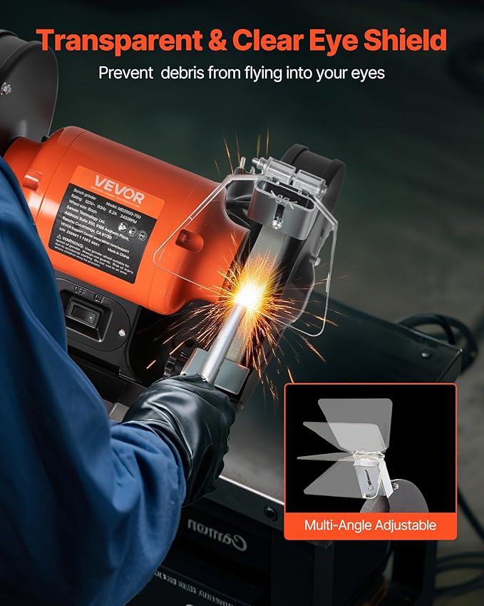 VEVOR Bench Grinder, 8-inch Single Speed Bench Grinder, 3450RPM High-Speed Table Grinders with 750W 6.2A Induction Motor, 36/60-Grit Grinding Wheel & Adjustable Eye Shield for Fast Sharpening Grinding