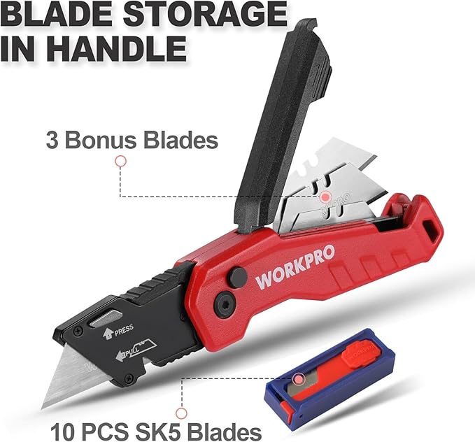 WORKPRO Folding Utility Knife, Quick Change Box Cutter, Razor Knife for Cartons, Cardboard, Boxes, Blade Storage in Aluminum Handle, 13 Extra Blades Included (Red)