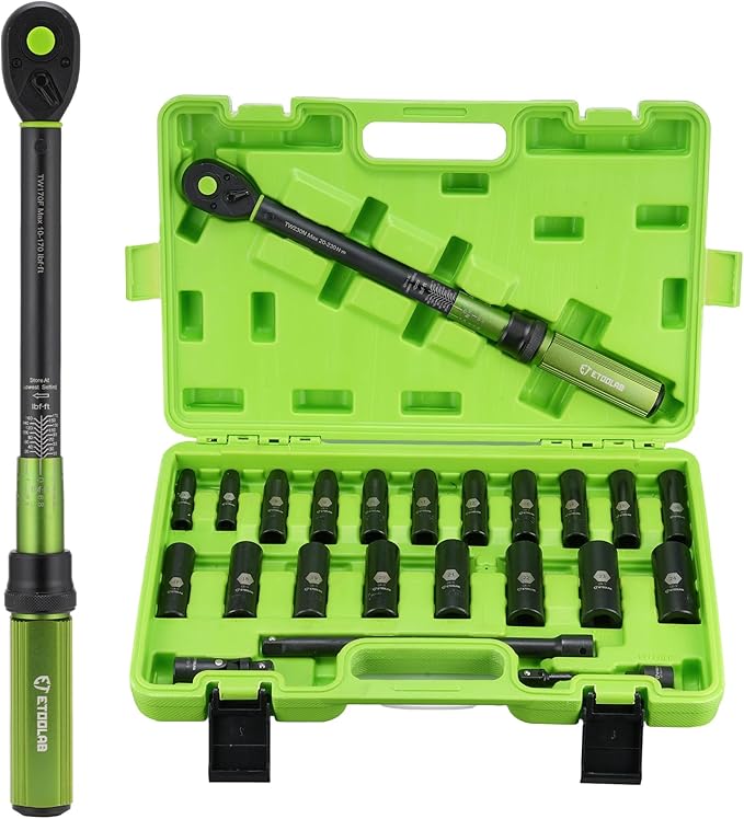 1/2" Drive Click Torque Wrench with Deep Impact Socket (6~24mm),Dual-Range【10-170ft.lb/13.6-230.5Nm】±3% Precision,10" Extension Bar,Universal Joint,Drill Adapter