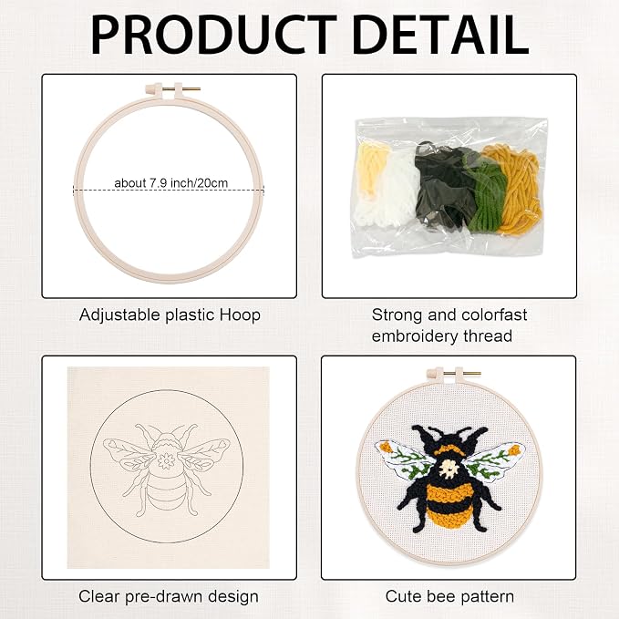 Nuberlic Punch Needle Kit for Beginners Cute Bee Pattern DIY Hoop Embroidery - Image 4