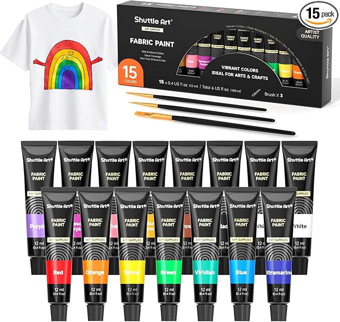 Shuttle Art Fabric Paint, 15 x 12ml Tubes Permanent Soft Fabric Paint by ShuttleArt