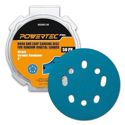 POWERTEC PRO 50PK, 5 Inch Sanding Discs Hook and Loop, 80 Grit, Ceramic Orbital Sander Sandpaper for 5 & 8 Hole Random Orbital Sanders - Automotive, Paint, Metal, Woodworking (45308C-50)