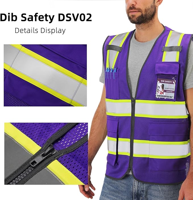 Dib Safety Reflective Mesh Vest High Visibility Two Tone with Pockets and Zipper, Purple Mesh with Yellow Trim 3XL
