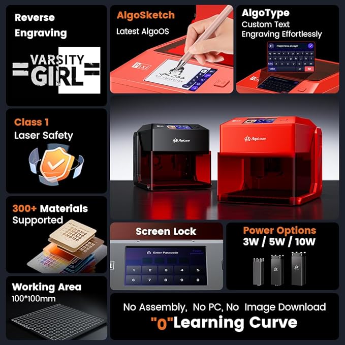 AlgoLaser 5W Laser Engraver Machine: Portable & Smart with 3.5" Touch Screen, Hand Drawing/Wireless/SD Card/Offline Engraving, AlgoOS 2.0 Self Developed System for Wood, Acrylic, Leather