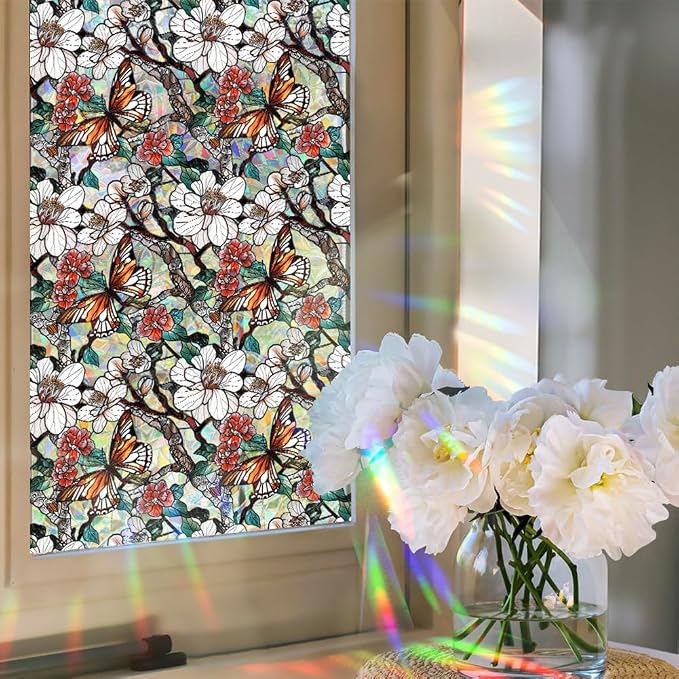 Retro Flower Window Privacy Film, Stained Glass Decals Floral Butterfly Privacy - Image 3