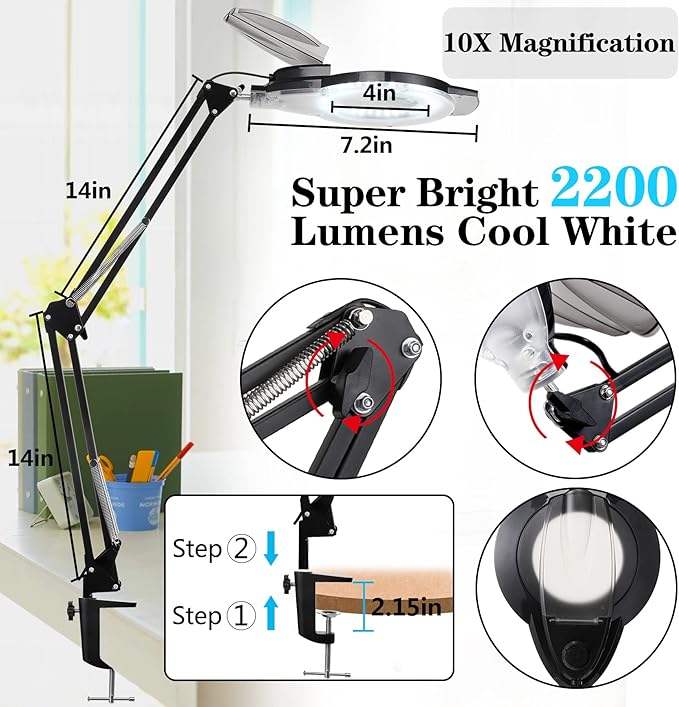 10X LED Magnifying Lamp with Clamp, KIRKAS 2,200 Lumens Dimmable Super Bright Daylight Magnifying Glass with Light, Adjustable Swivel Arm Lighted Magnifier Lamp for Reading Repair Crafts- Black