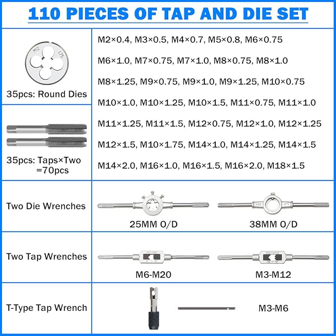 110PCS Tap and Die Set, Metric Tap and Die Rethreading Kit, Thread Chaser Set for Cutting External and Internal Threads,Metric Size M3 to M16 with Storage Case (Pakage)