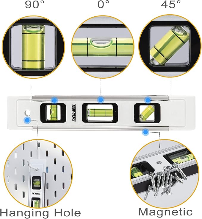 DOWELL Magnetic Torpedo Level Mini Bubble Level Box Spirit Level Alloy Frame 180/90/45 Degree 9-Inch (3, White)